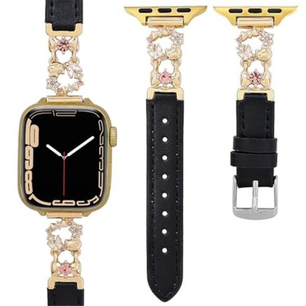 NEW Black/Gold Leather with floral design Apple Watch Band - Picture 1 of 6